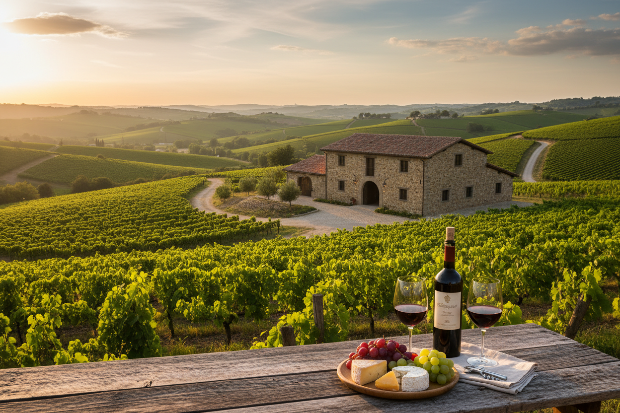 Una mesa de madera al atardecer con vino, uvas y queso, frente a una bodega rodeada de extensos viñedos verdes.